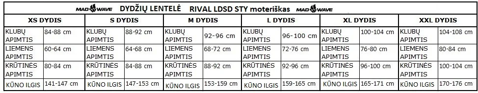 Dydžių lentelė triatlono kostiumams, mot, MADWAVE