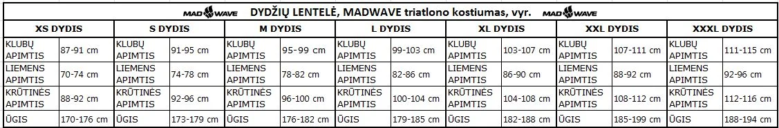 triatlono kostiumas vyriški, dydziu lentele MADWAVE