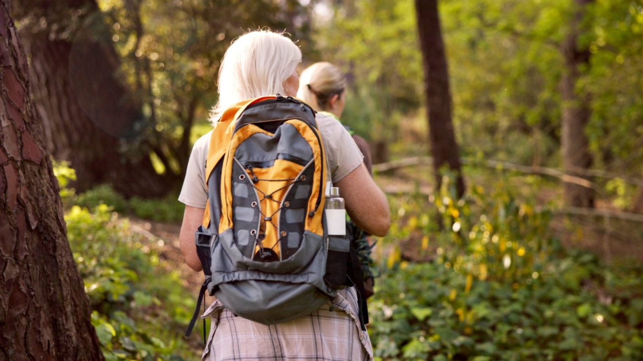 Women, hiking and forest with backpack for adventure, sightseeing or travel together in nature. Bac.